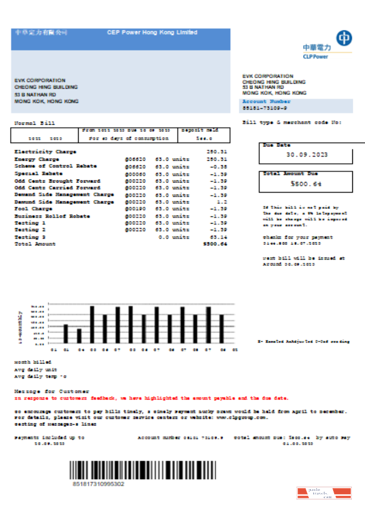 CLP Power Hong Kong Limited utility business bill, SCR PSD template